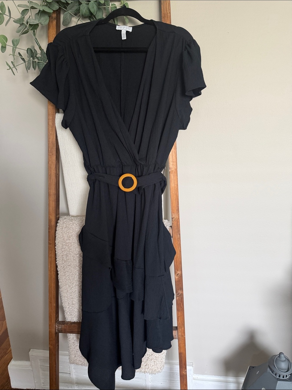 Women's Black V-Neck Tiered Midi Dress with Belt